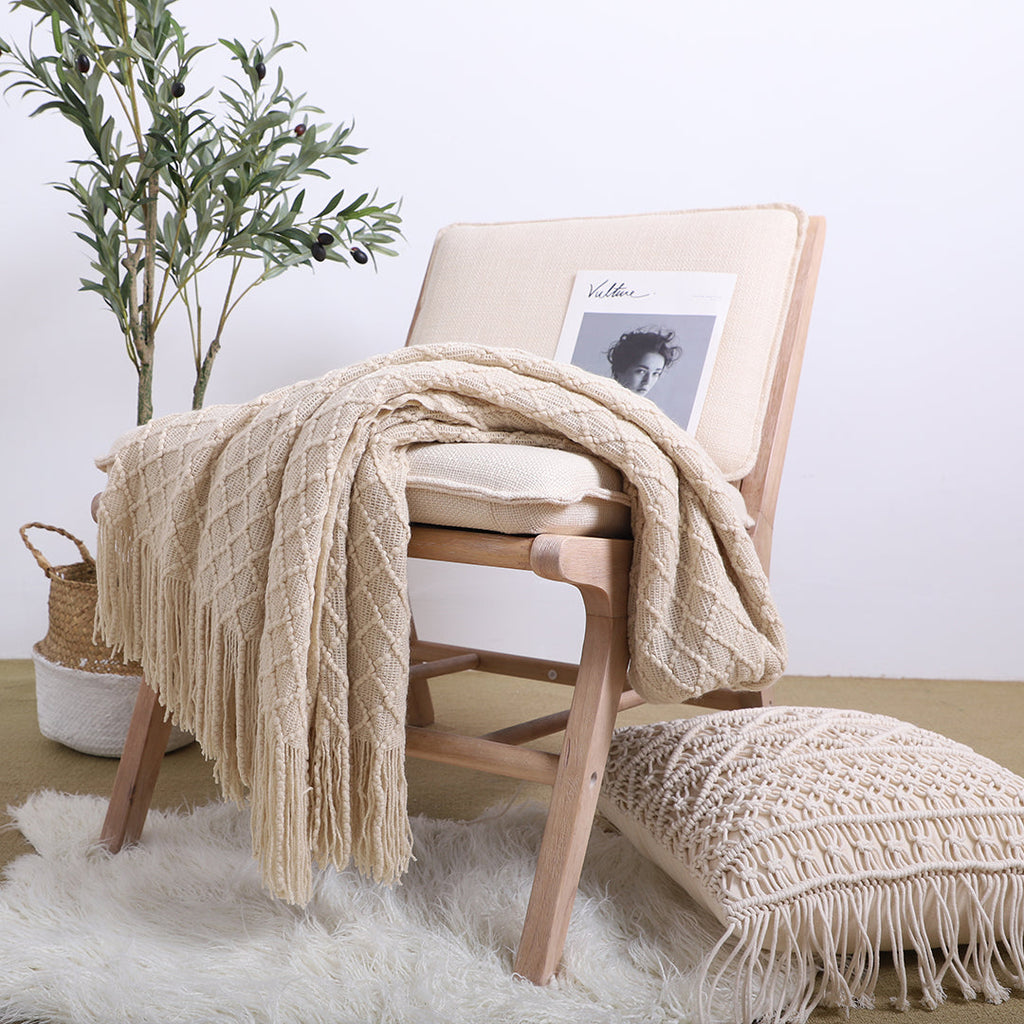 NNEAGS Beige Diamond Pattern Knitted Throw Blanket Warm Cozy Woven Cover Couch Bed Sofa Home Decor with Tassels