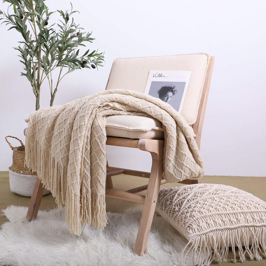 NNEAGS Beige Diamond Pattern Knitted Throw Blanket Warm Cozy Woven Cover Couch Bed Sofa Home Decor with Tassels