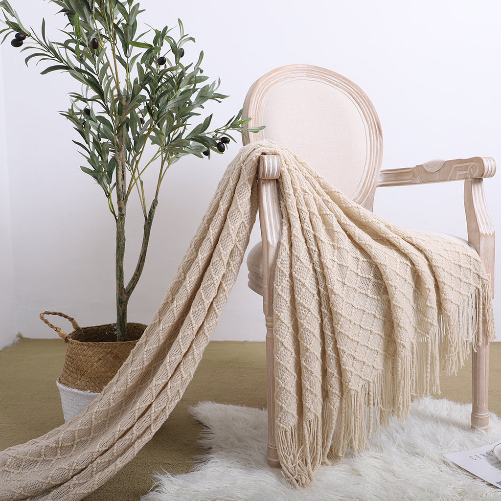 NNEAGS Beige Diamond Pattern Knitted Throw Blanket Warm Cozy Woven Cover Couch Bed Sofa Home Decor with Tassels