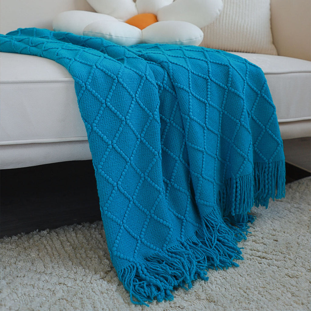 NNEAGS Blue Diamond Pattern Knitted Throw Blanket Warm Cozy Woven Cover Couch Bed Sofa Home Decor with Tassels