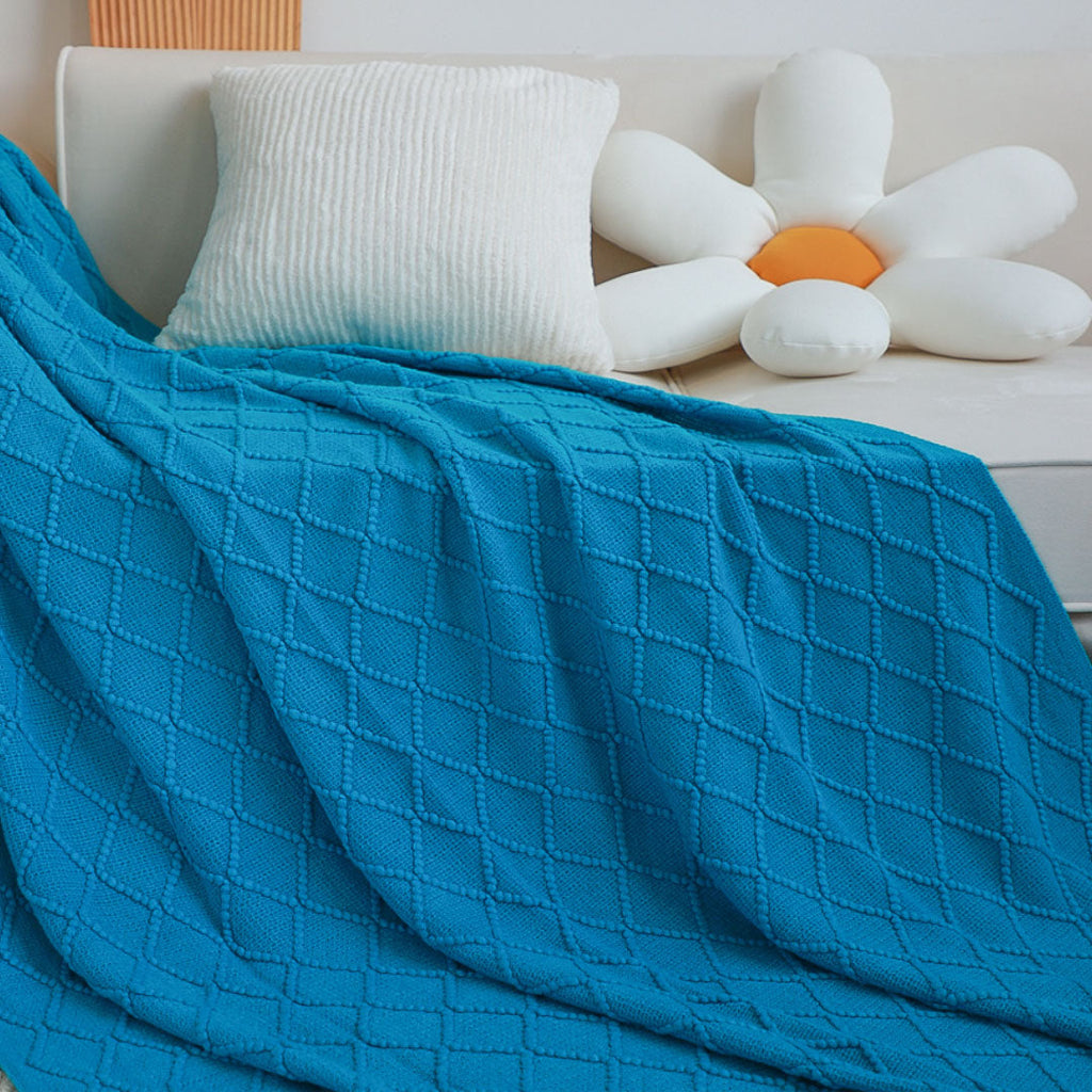 NNEAGS Blue Diamond Pattern Knitted Throw Blanket Warm Cozy Woven Cover Couch Bed Sofa Home Decor with Tassels