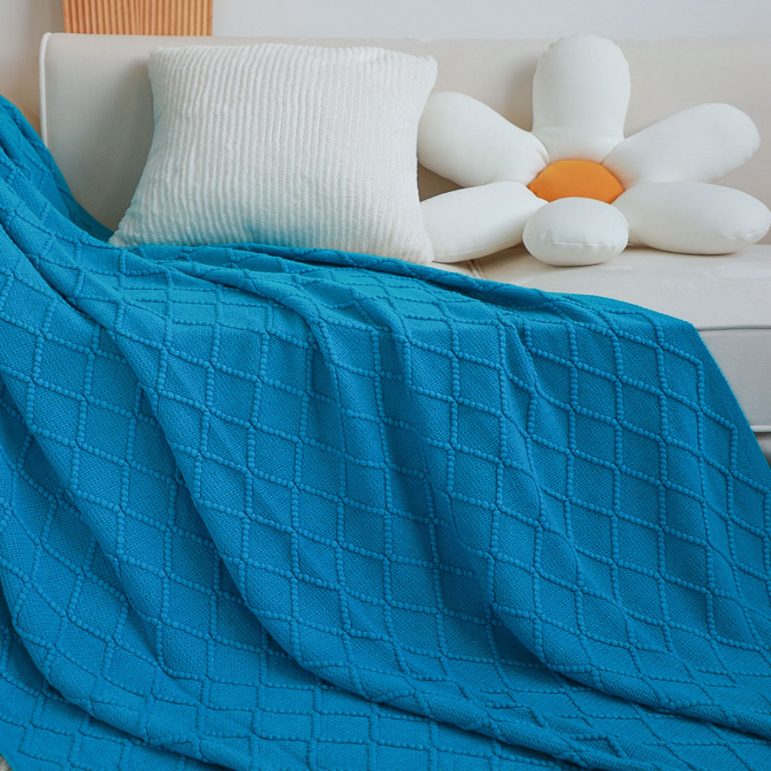 NNEAGS Blue Diamond Pattern Knitted Throw Blanket Warm Cozy Woven Cover Couch Bed Sofa Home Decor with Tassels