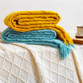 NNEAGS Yellow Diamond Pattern Knitted Throw Blanket Warm Cozy Woven Cover Couch Bed Sofa Home Decor with Tassels