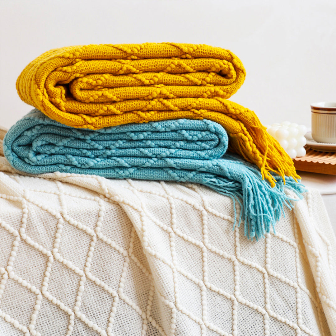 NNEAGS Yellow Diamond Pattern Knitted Throw Blanket Warm Cozy Woven Cover Couch Bed Sofa Home Decor with Tassels