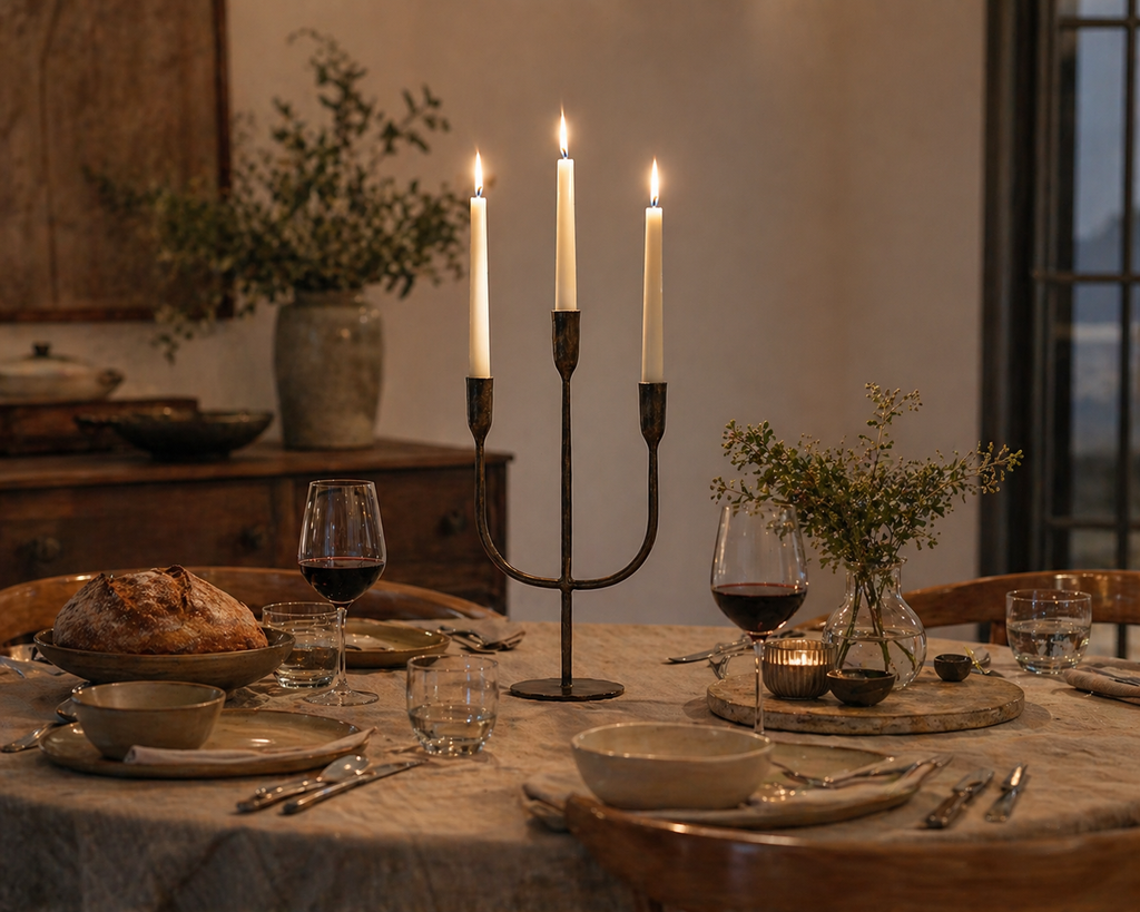 Camille Iron Candelabra – Rustic 3-Arm Black Trident Candlestick