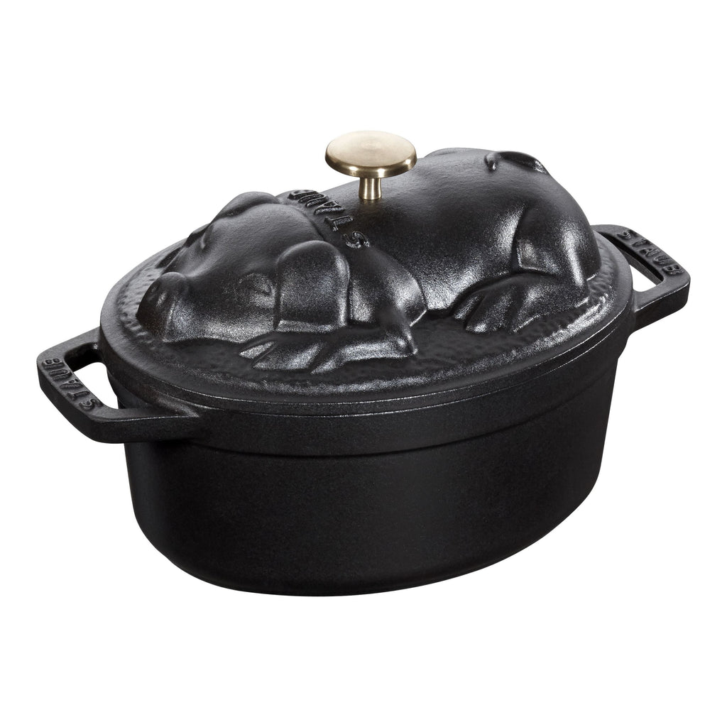 STAUB La Cocotte 1 L Cast Iron Oval Cocotte Pig Lid, Black