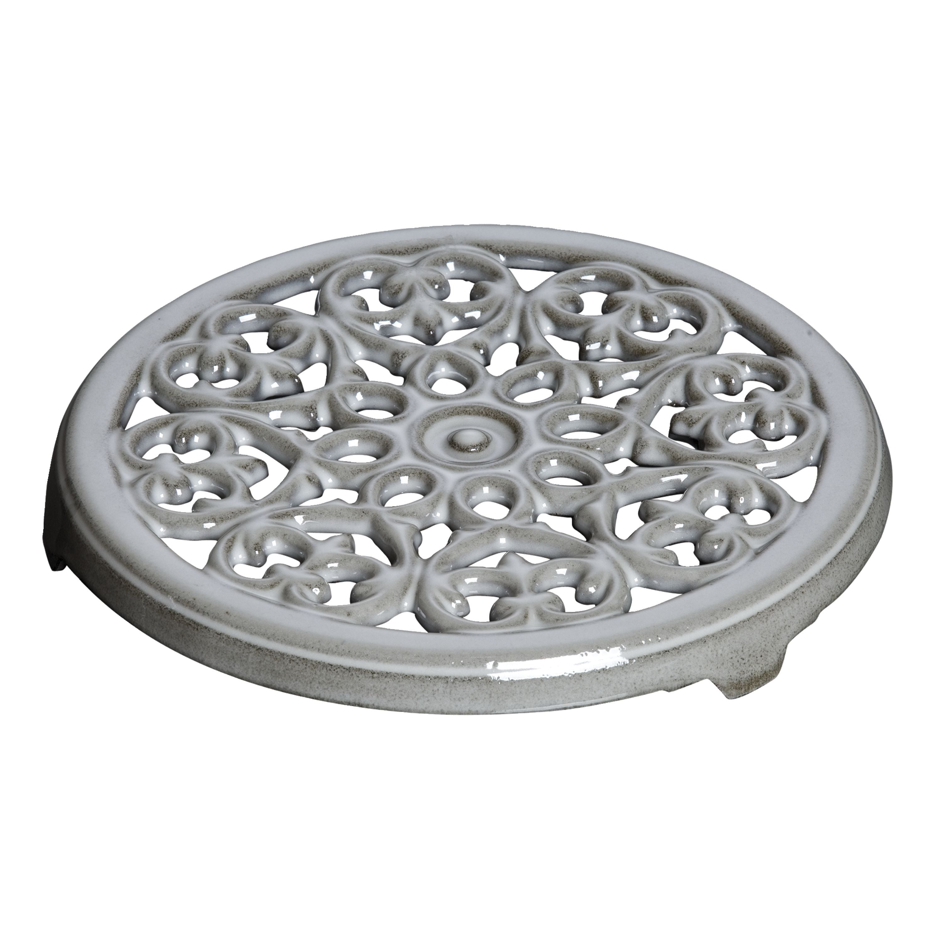 STAUB Serving 23 cm Round Cast Iron Trivet, Lily Decal, Graphite-Grey