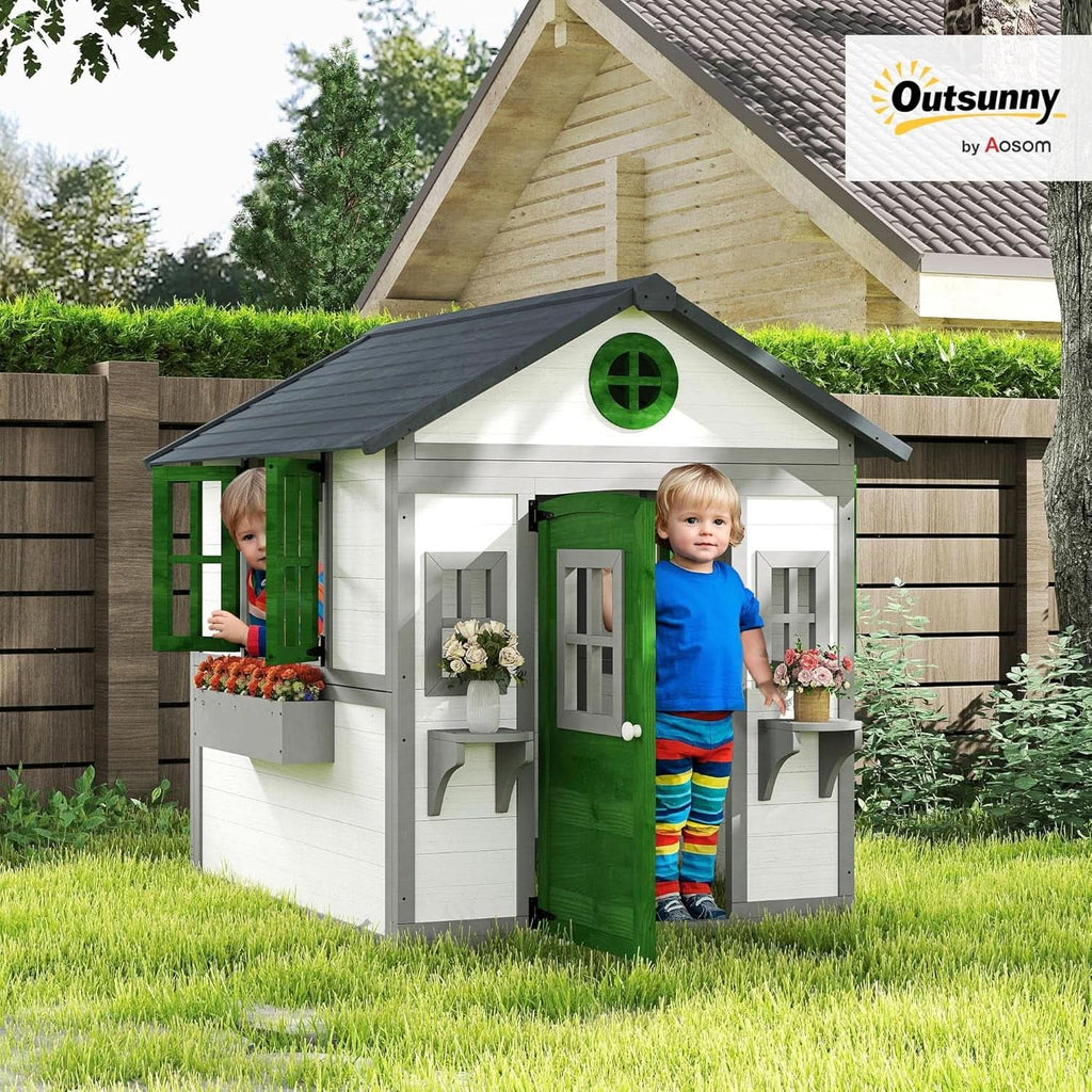 Outdoor Wooden Cottage Playhouse With Planter Boxes