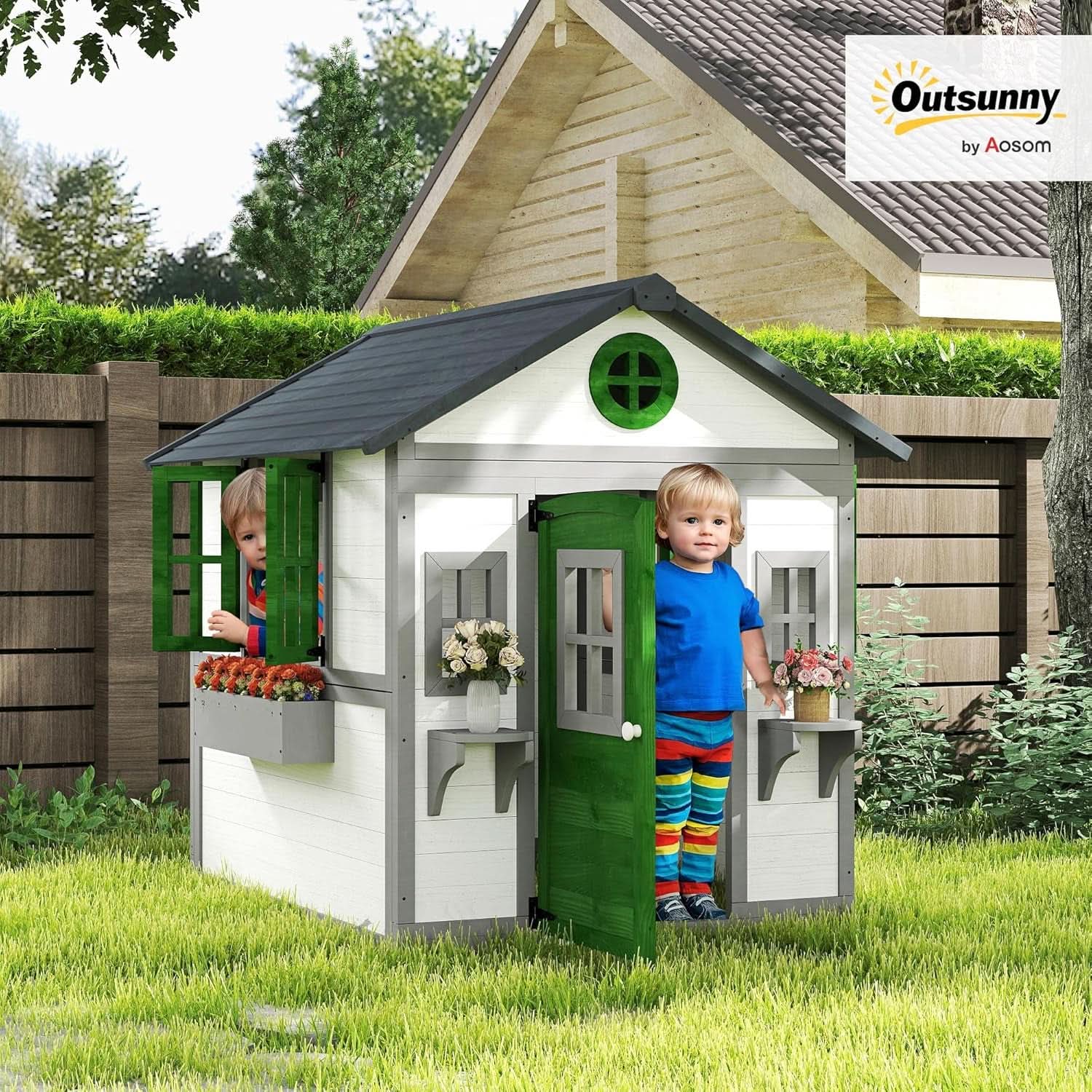 Outdoor Wooden Cottage Playhouse With Planter Boxes