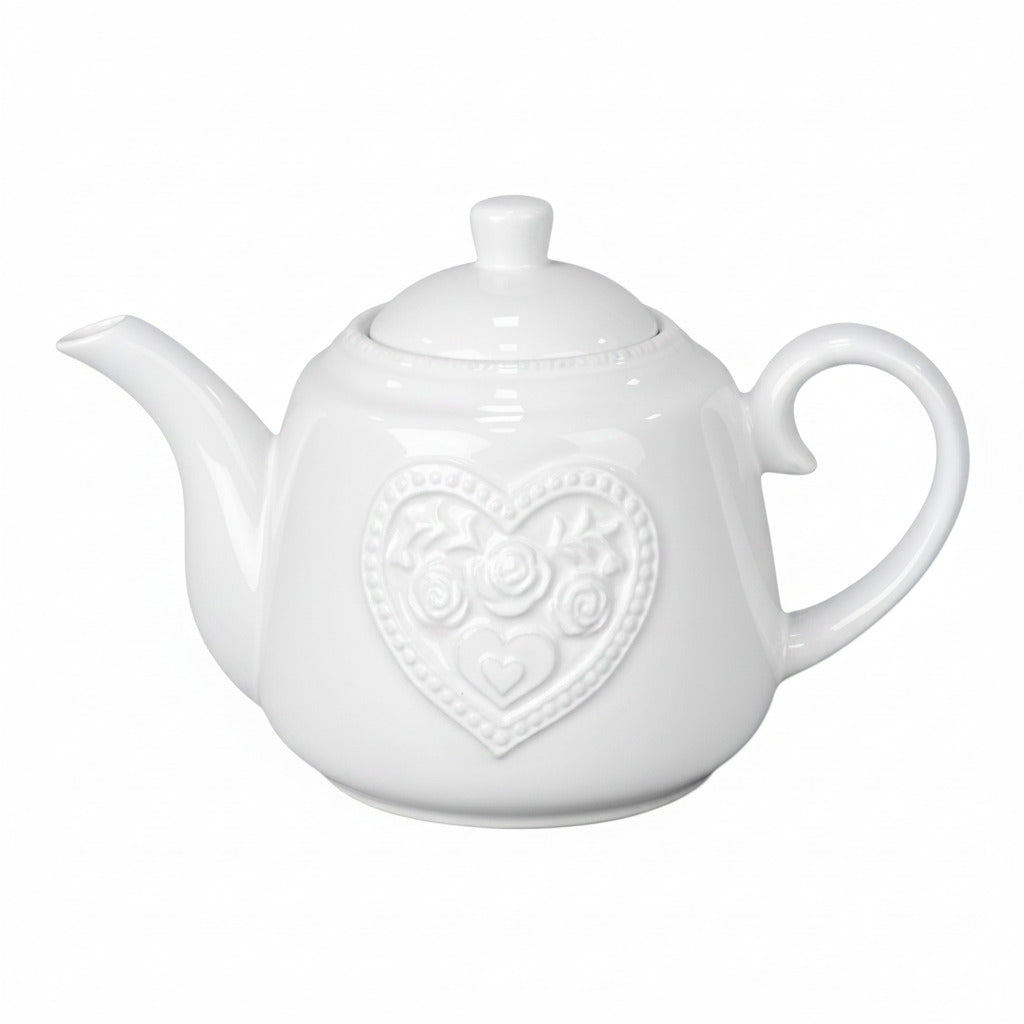 White Ceramic Teapot with Floral Heart Detail