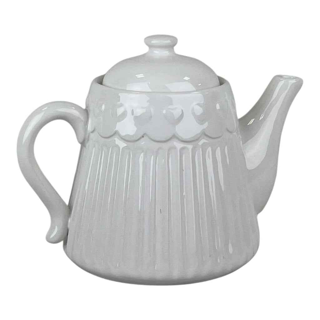 White Ribbed Ceramic Teapot with Heart Pattern