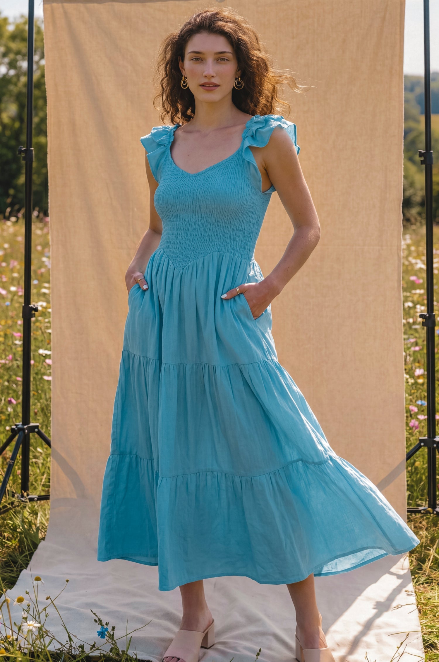 Giuseppina Smocked Linen Midi Dress