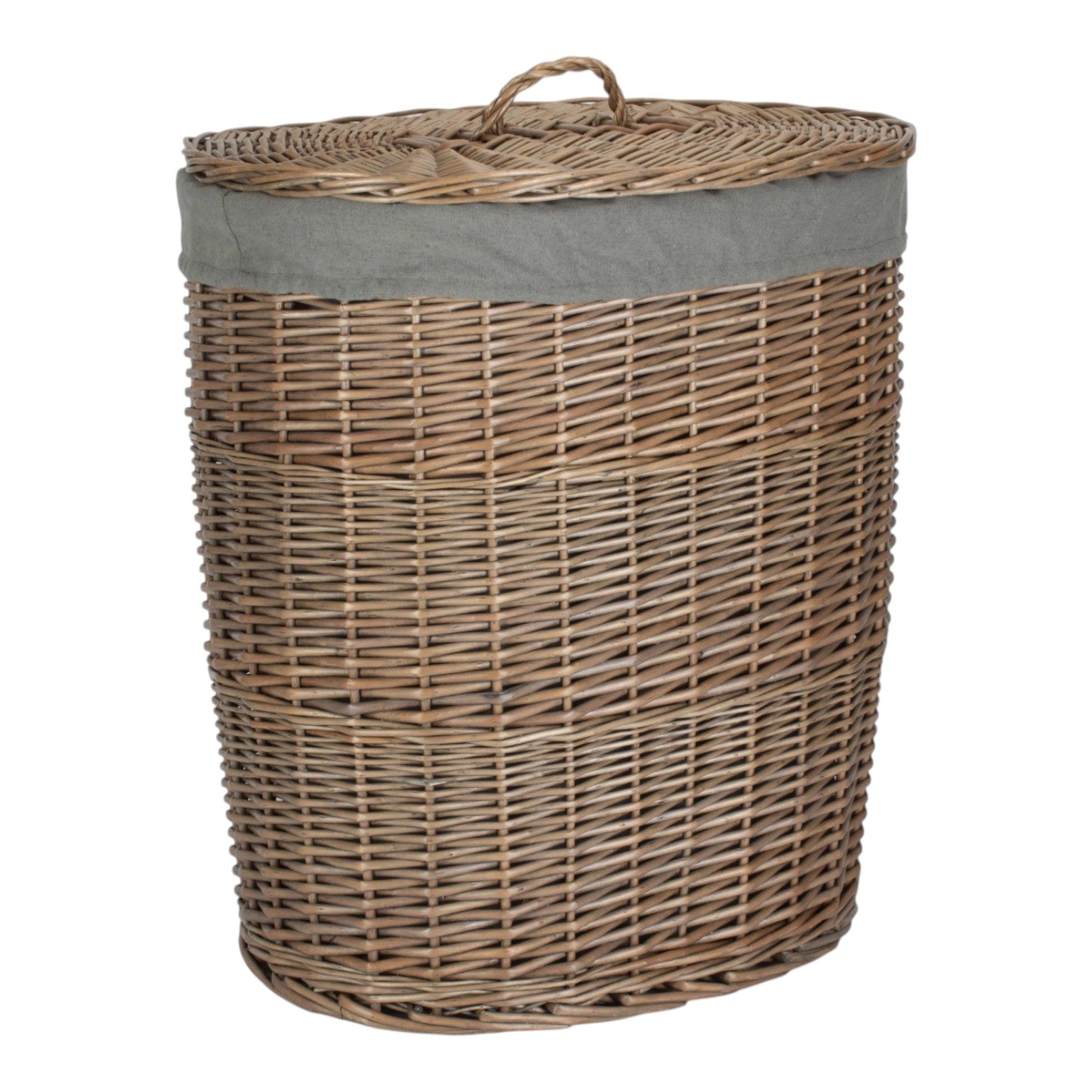 Antique Wash Grey Cotton Lined Oval Willow Laundry Basket