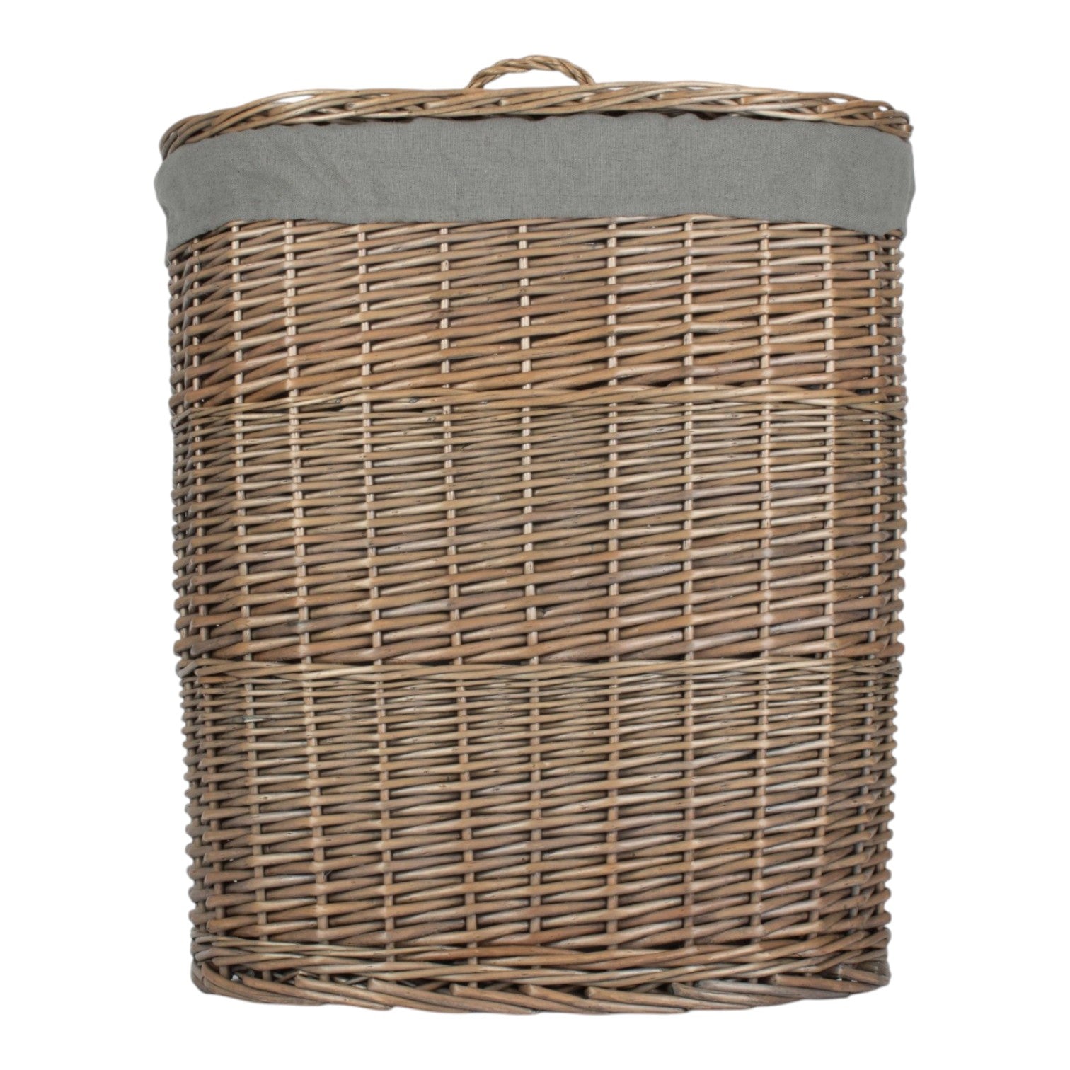 Antique Wash Grey Cotton Lined Oval Willow Laundry Basket