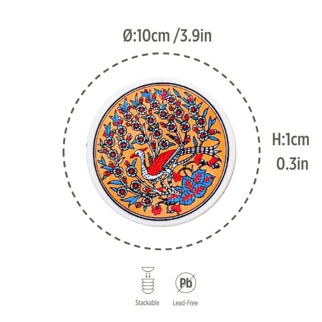 Ceramic Coasters – Iznik, Yellow Peacock – 10cm