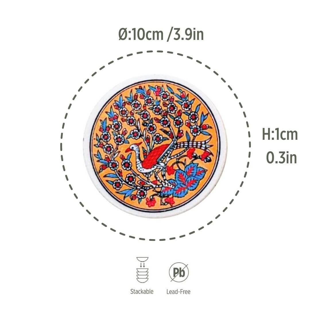 Ceramic Coasters – Iznik, Yellow Peacock – 10cm