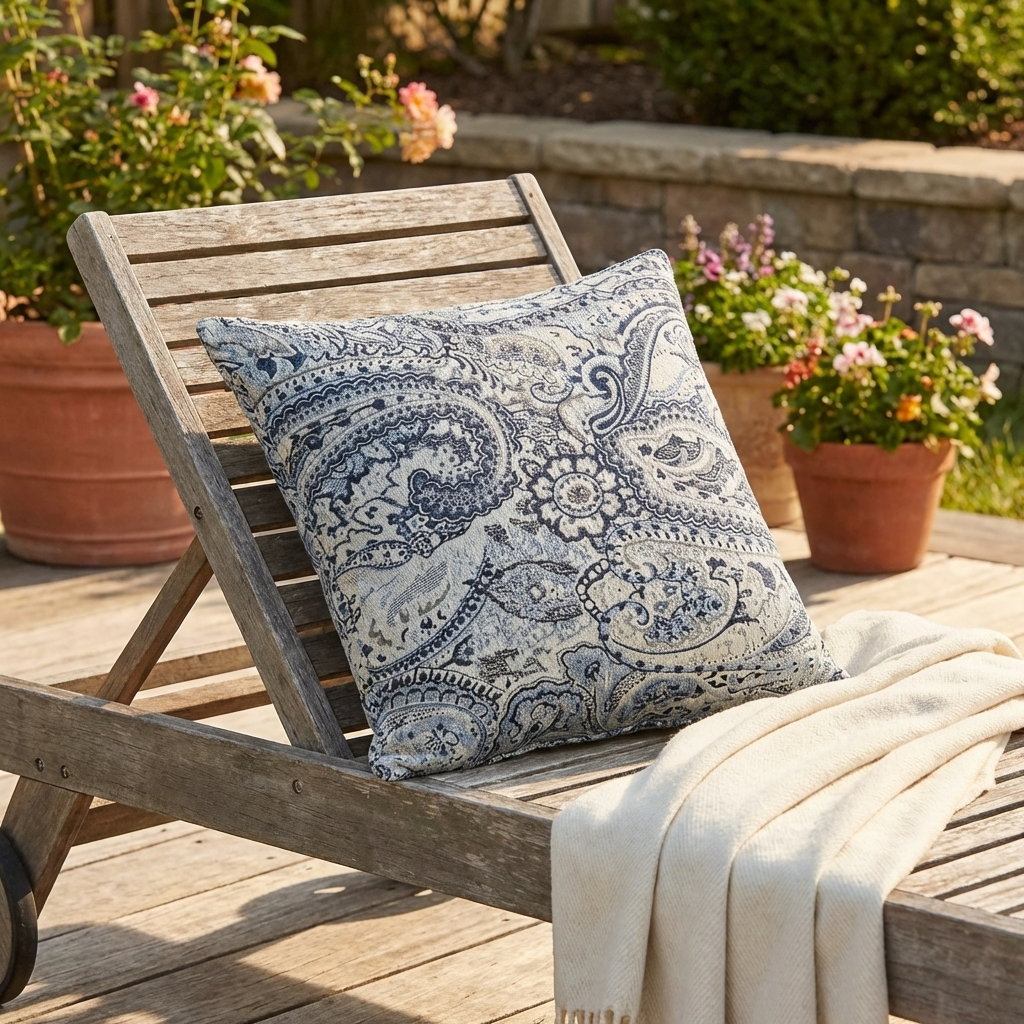 Aristocratic Floret White/ Blue Paisley Luxury Outdoor/Indoor Throw Pillow