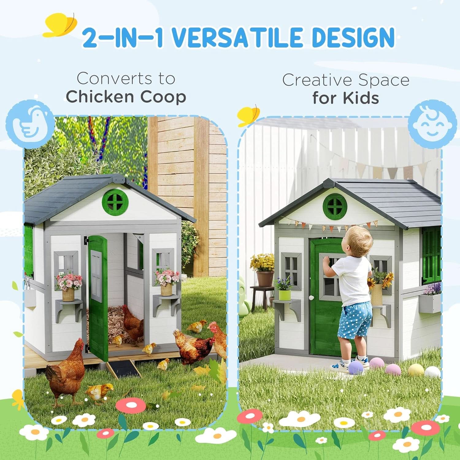 Outdoor Wooden Cottage Playhouse With Planter Boxes