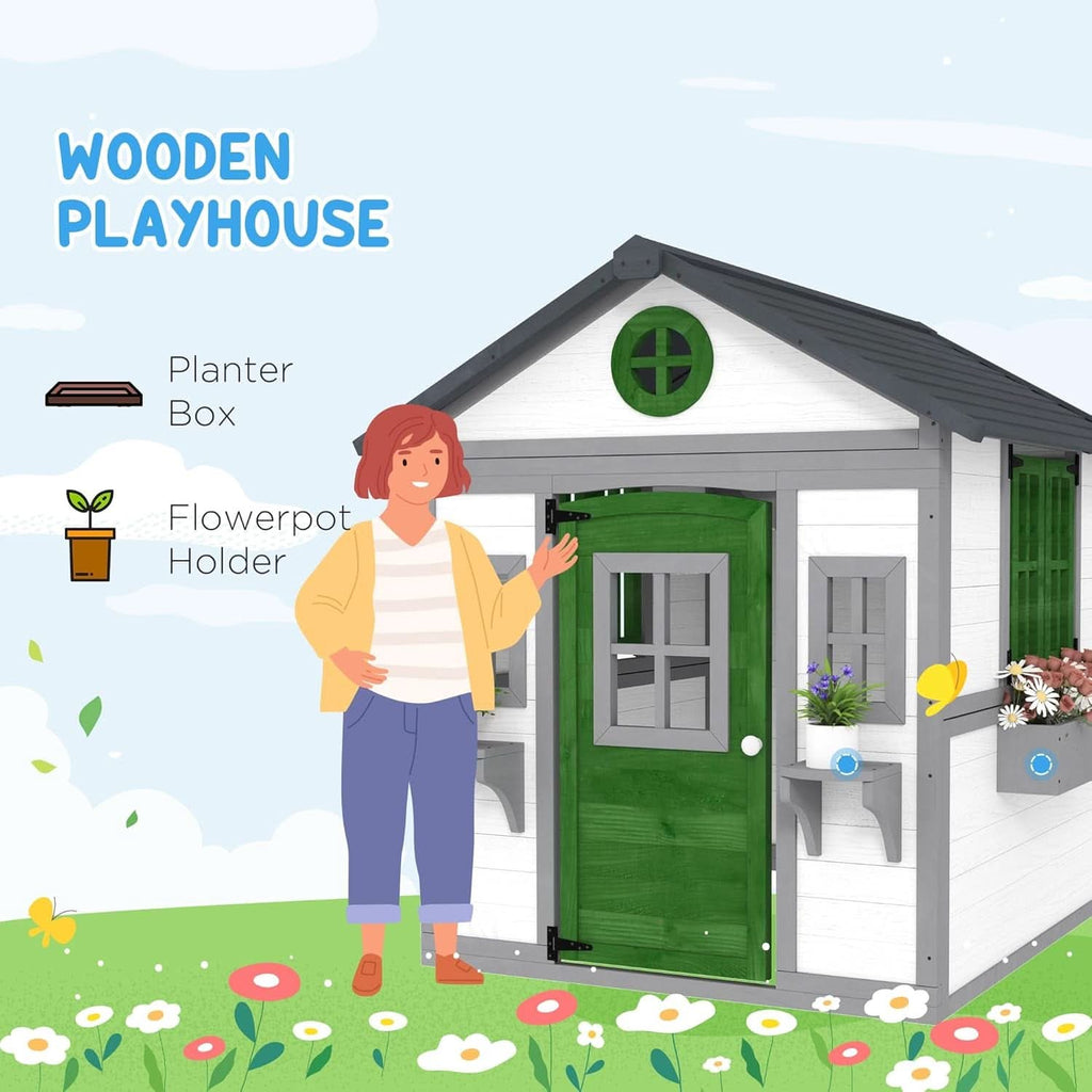 Outdoor Wooden Cottage Playhouse With Planter Boxes