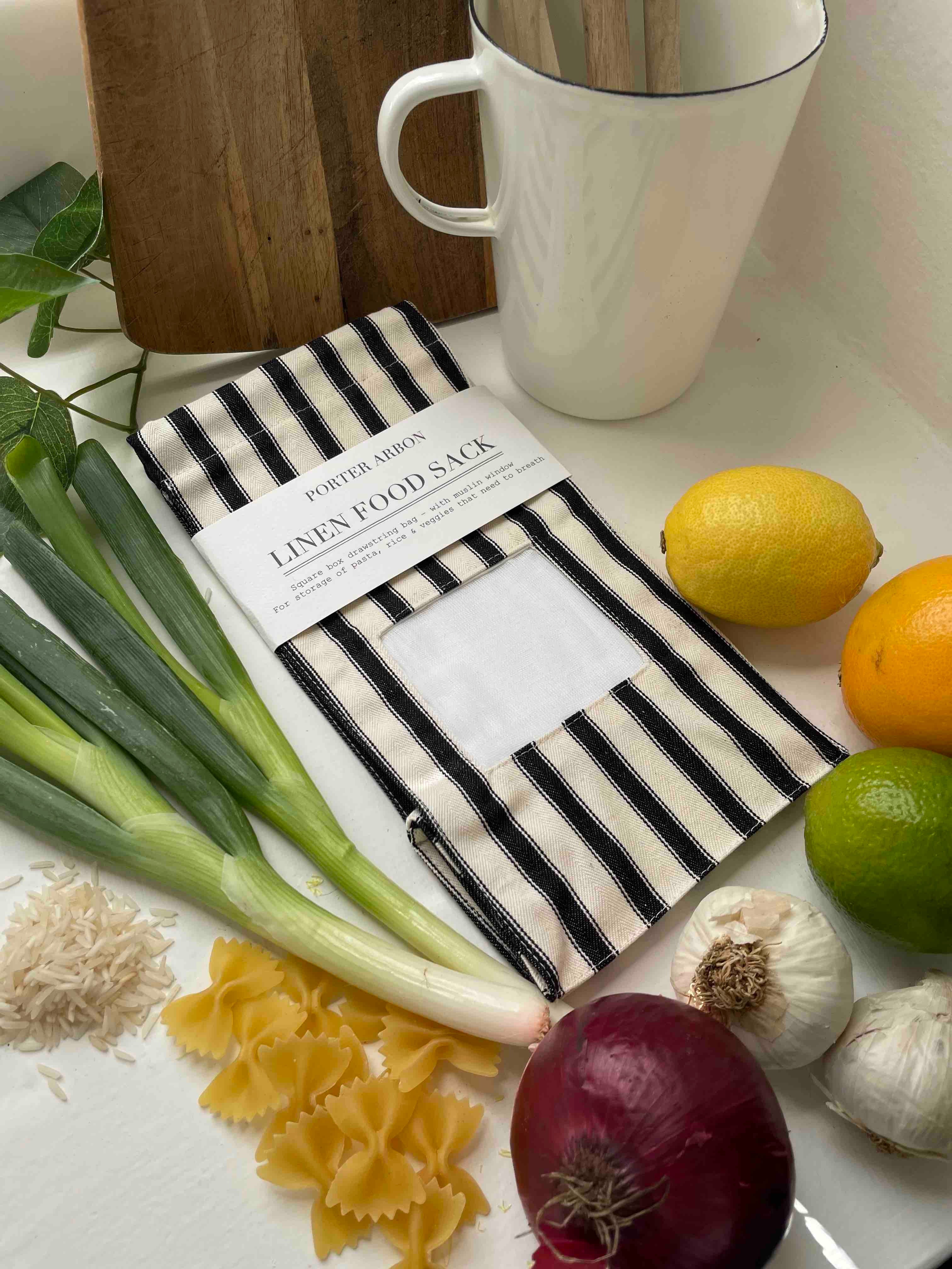 LINEN FOOD SACK - Black & Cream