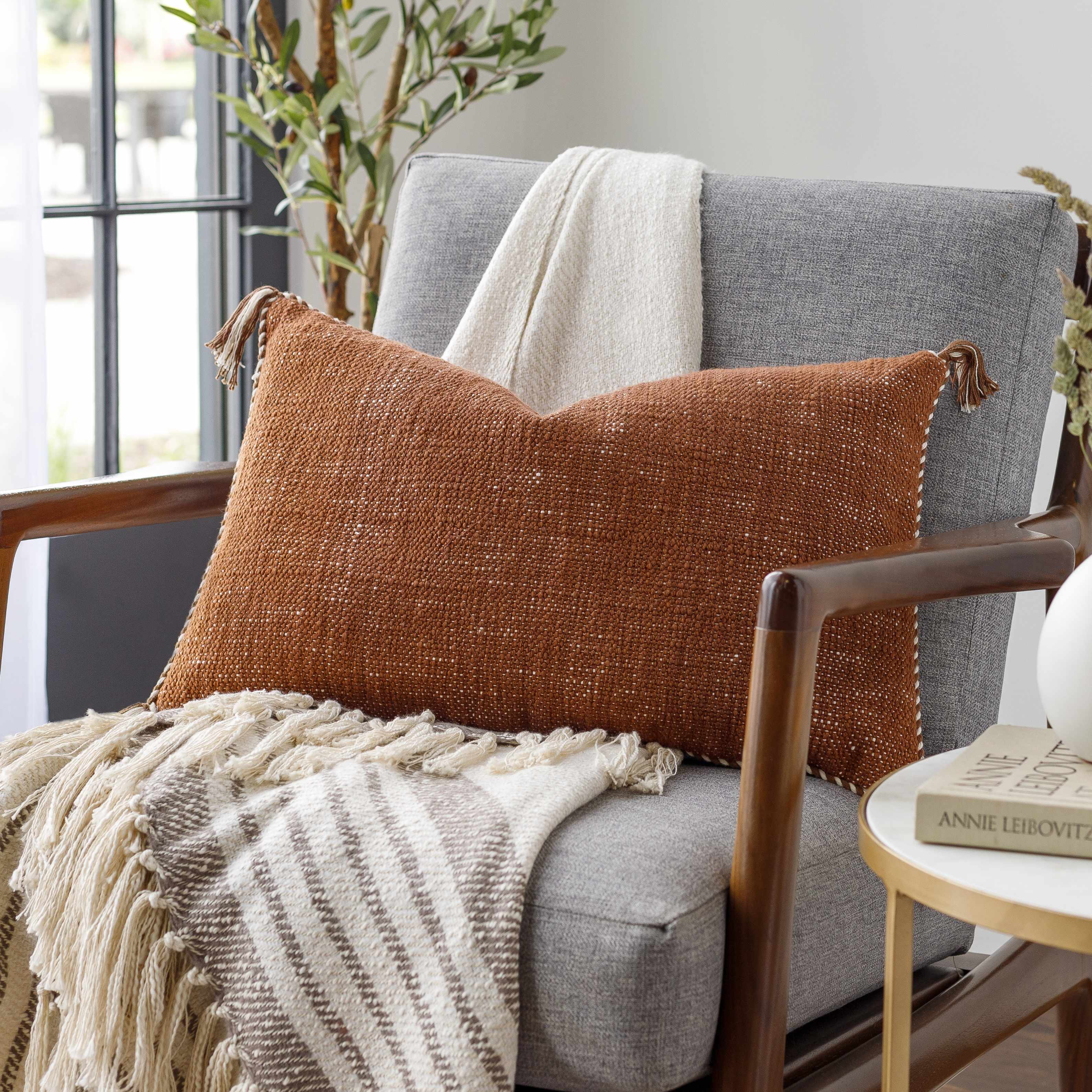 Brunel Brown Subtle Woven Stripe Cottage Country Cotton Accent Pillow - Clearance