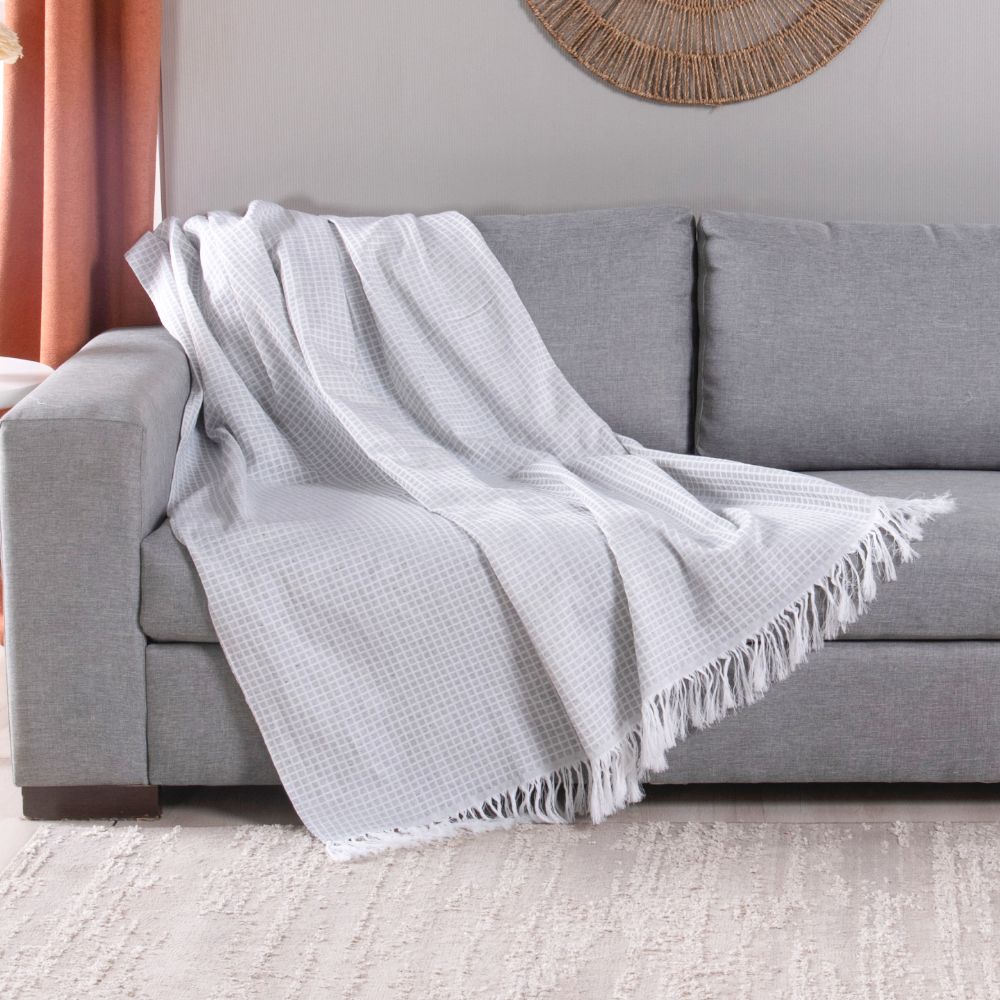 Reversible Jacquard Sofa Throw Blanket with Fringe 82.7 x 53.1 in – Grid Design Decorative Throw