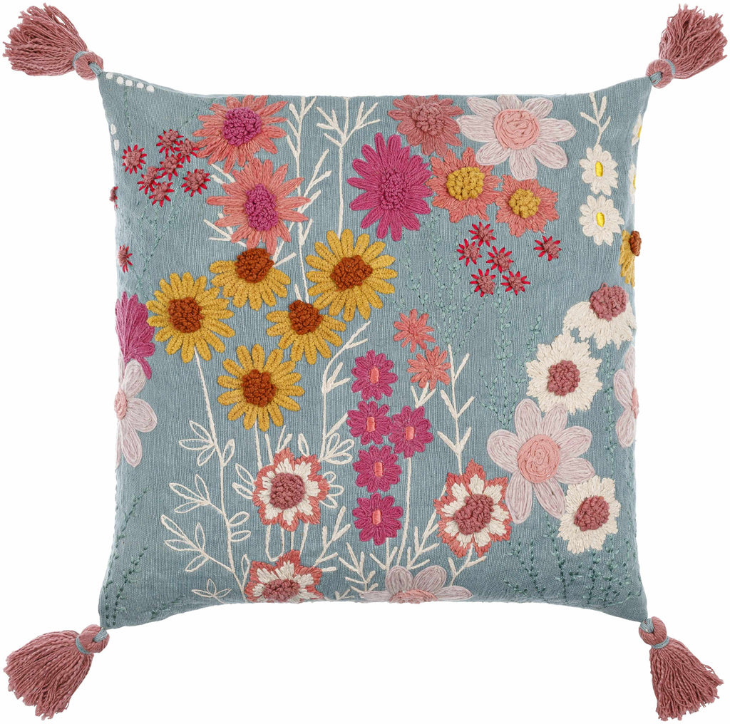 Florin Dusty Blue Floral Nature Pattern Cottage Cotton Accent Pillow - Clearance