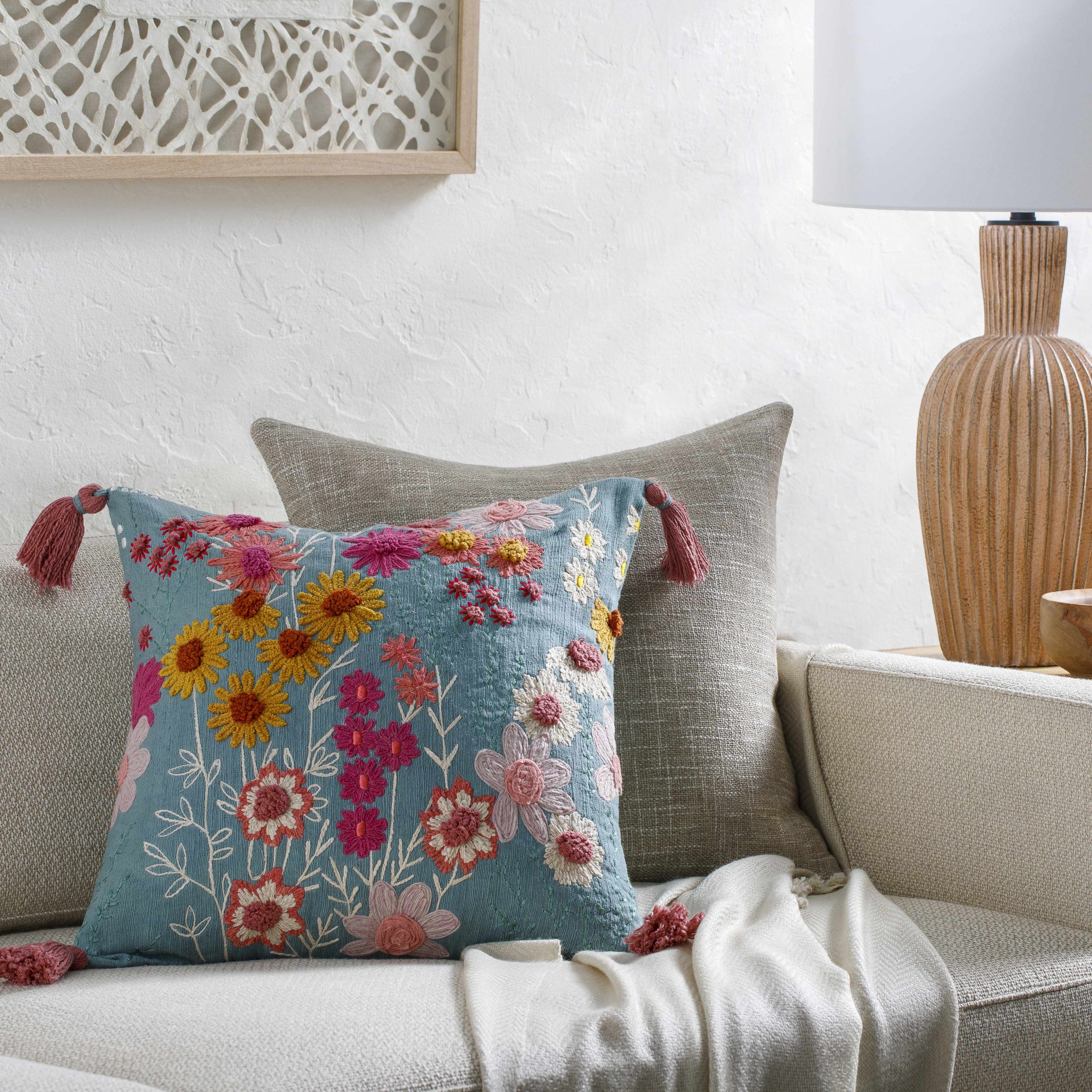 Florin Dusty Blue Floral Nature Pattern Cottage Cotton Accent Pillow - Clearance